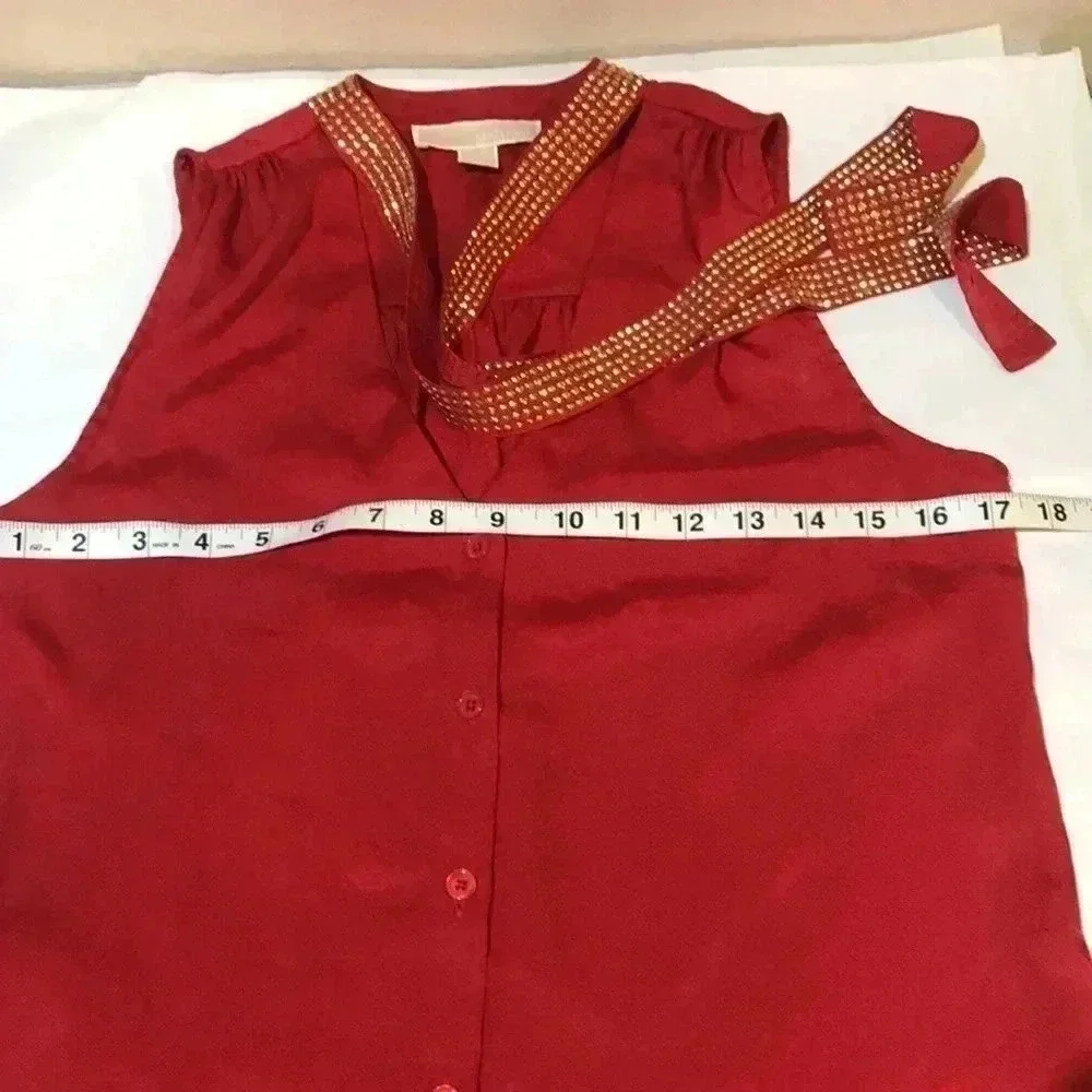 Michael Kors Red Sleeveless Beaded Neck Tie Top with Button Front Size Small